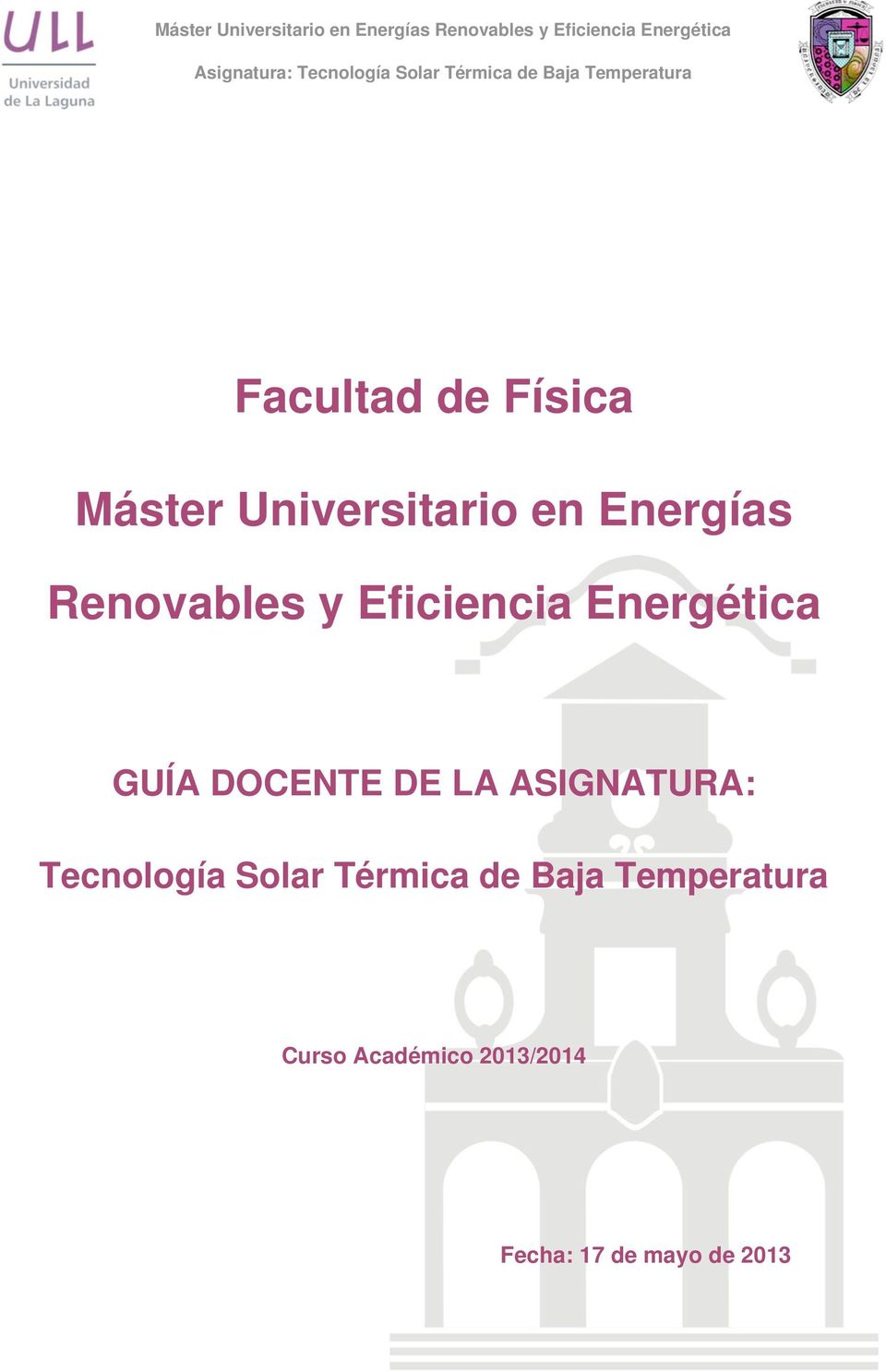 ASIGNATURA: Tecnología Solar Térmica de Baja