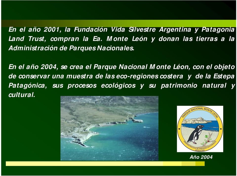 En el año 2004, se crea el Parque Nacional Monte Léon, con el objeto de conservar una muestra