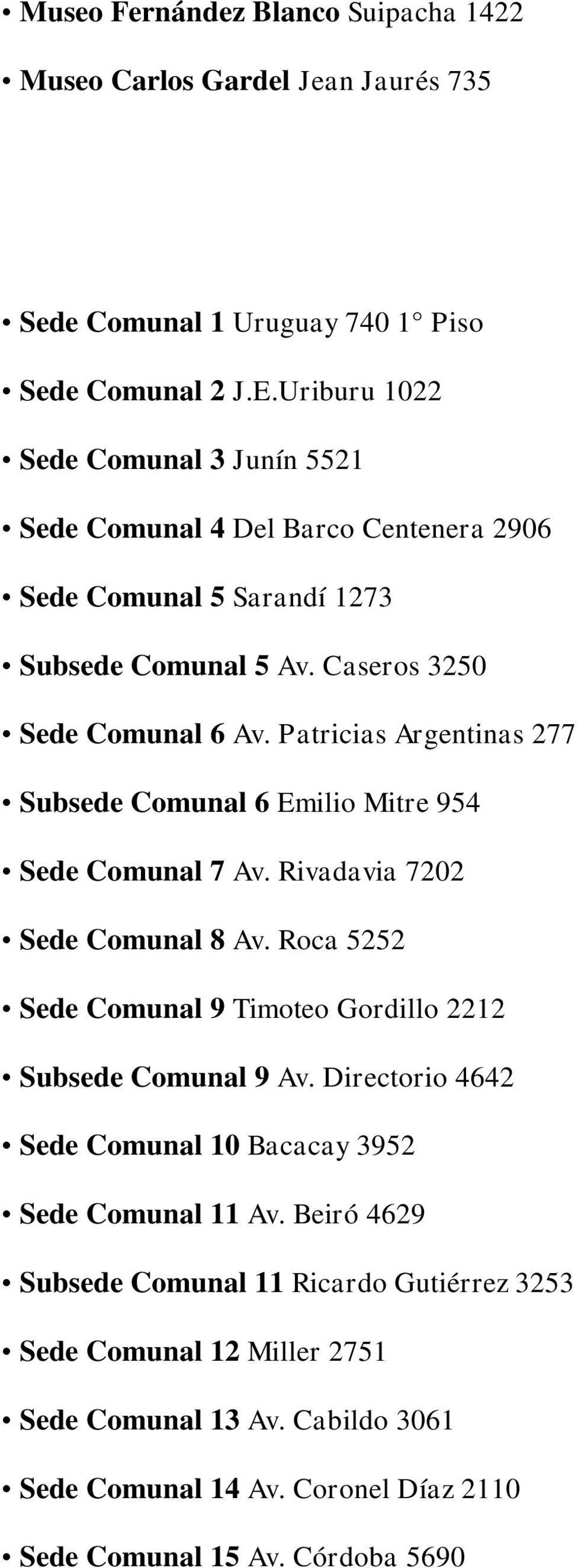 Patricias Argentinas 277 Subsede Comunal 6 Emilio Mitre 954 Sede Comunal 7 Av. Rivadavia 7202 Sede Comunal 8 Av.