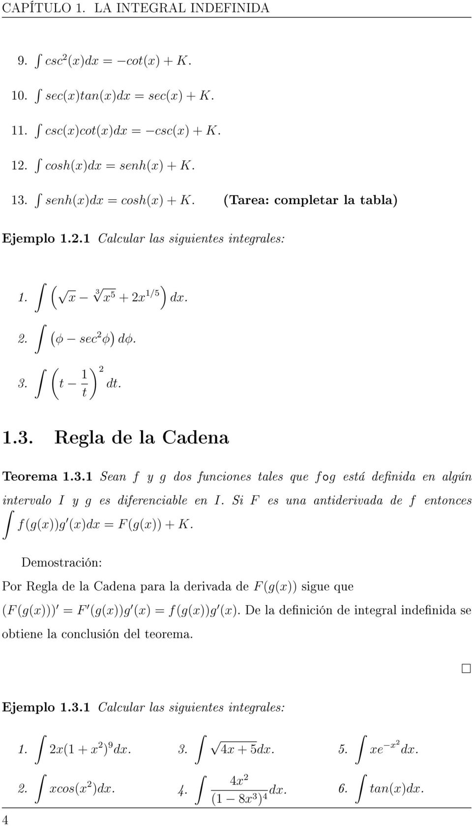 Si F es un ntiderivd de f entonces f(g(x))g (x)dx = F (g(x)) + K. Demostrción: Por Regl de l Cden pr l derivd de F (g(x)) sigue que (F (g(x))) = F (g(x))g (x) = f(g(x))g (x).