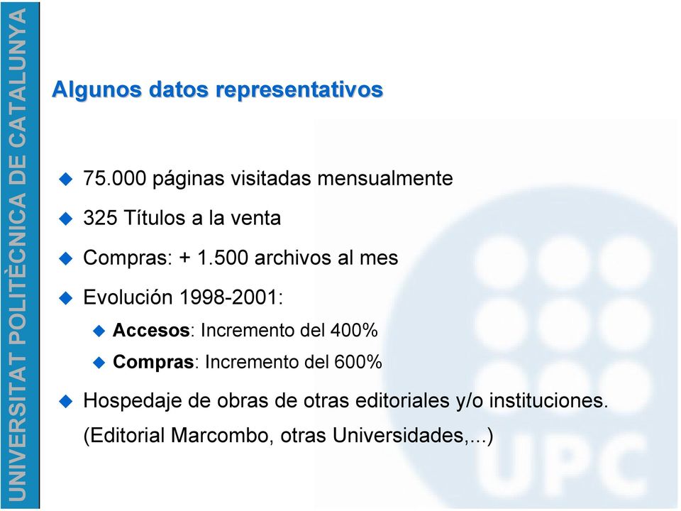 500 archivos al mes Evolución 1998-2001: Accesos: Incremento del 400%