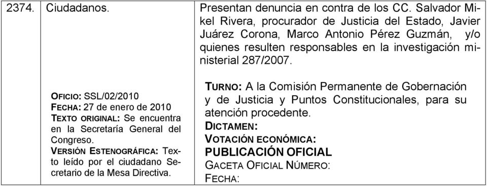 Pérez Guzmán, y/o quienes resulten responsables en la investigación ministerial 287/2007.