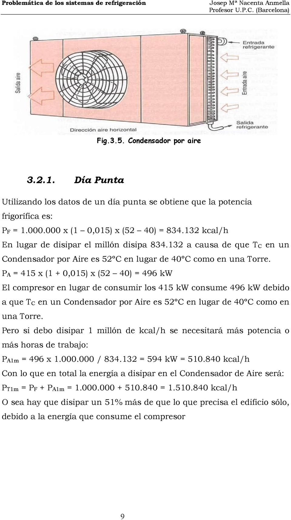 PA = 415 x (1 + 0,015) x (52 40) = 496 kw El compresor en lugar de consumir los 415 kw consume 496 kw debido a que TC en un Condensador por Aire es 52ºC en lugar de 40ºC como en una Torre.