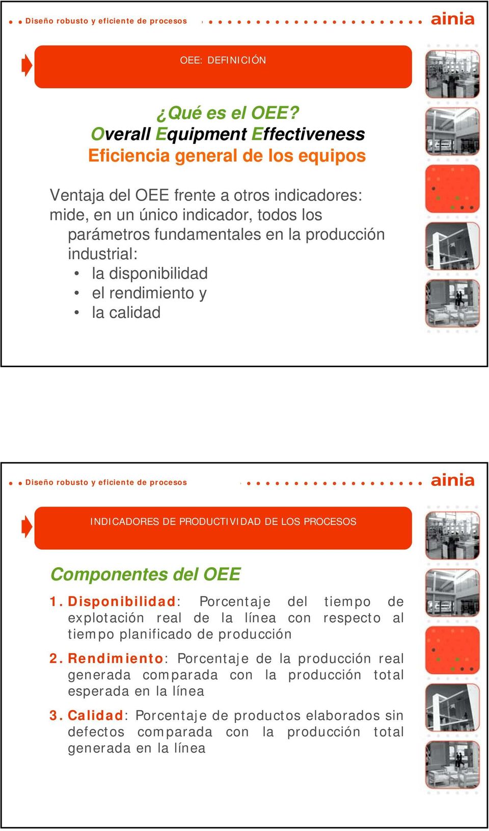 en la producción industrial: la disponibilidad el rendimiento y la calidad INDICADORES DE PRODUCTIVIDAD DE LOS PROCESOS Componentes del OEE 1.