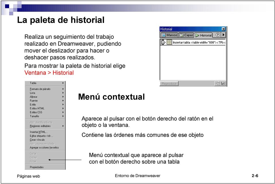 Para mostrar la paleta de historial elige Ventana > Historial Menú contextual Aparece al pulsar con el botón