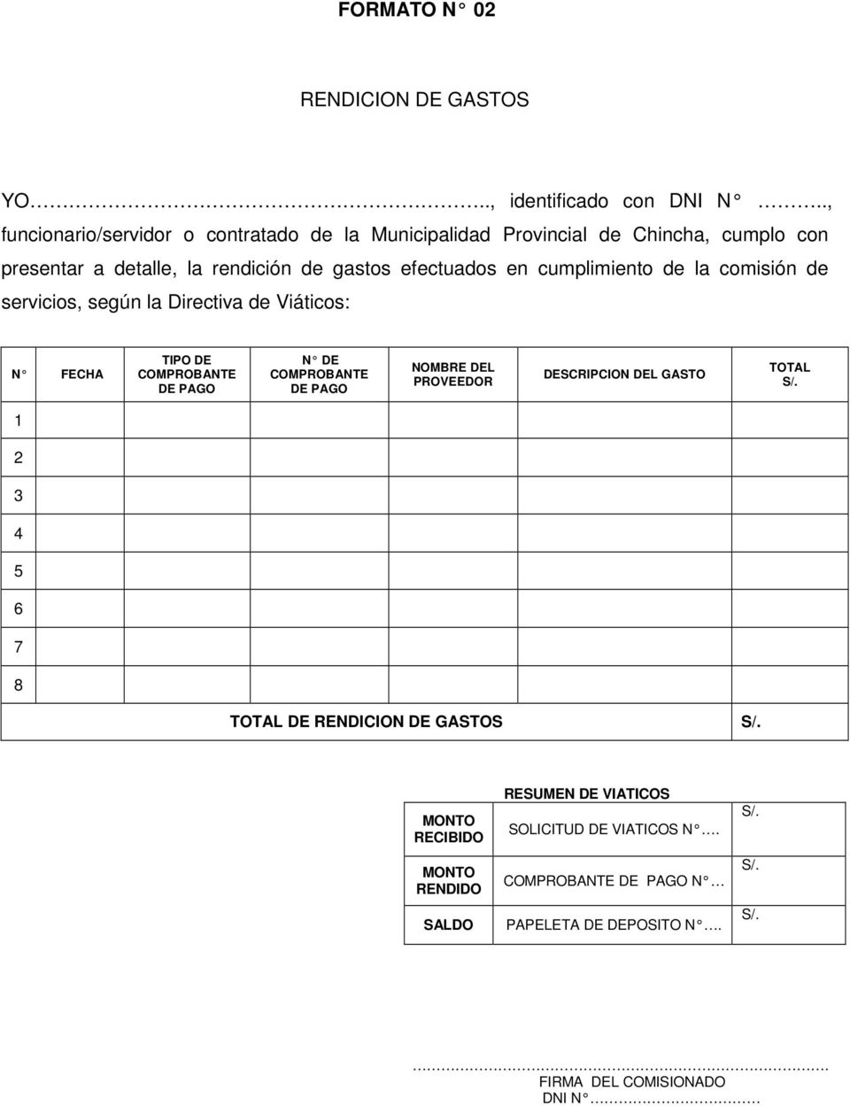 cumplimiento de la comisión de servicios, según la Directiva de Viáticos: N FECHA TIPO DE COMPROBANTE DE PAGO N DE COMPROBANTE DE PAGO NOMBRE DEL