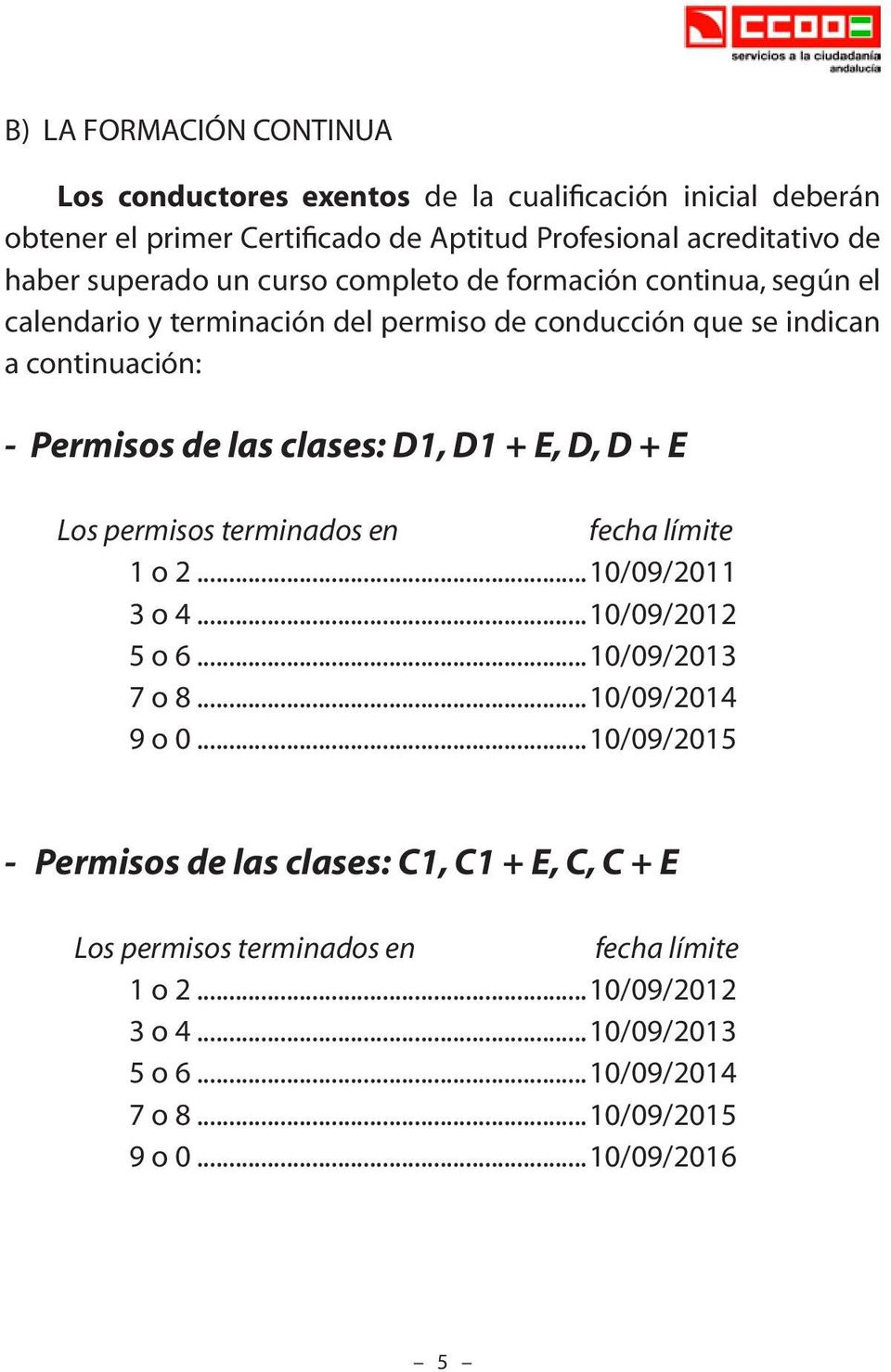 D1, D1 + E, D, D + E Los permisos terminados en fecha límite 1 o 2...10/09/2011 3 o 4...10/09/2012 5 o 6...10/09/2013 7 o 8...10/09/2014 9 o 0.