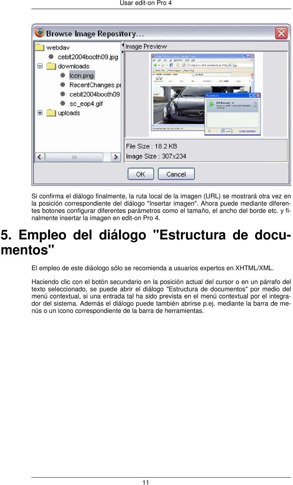Empleo del diálogo "Estructura de documentos" El empleo de este diáologo sólo se recomienda a usuarios expertos en XHTML/XML.