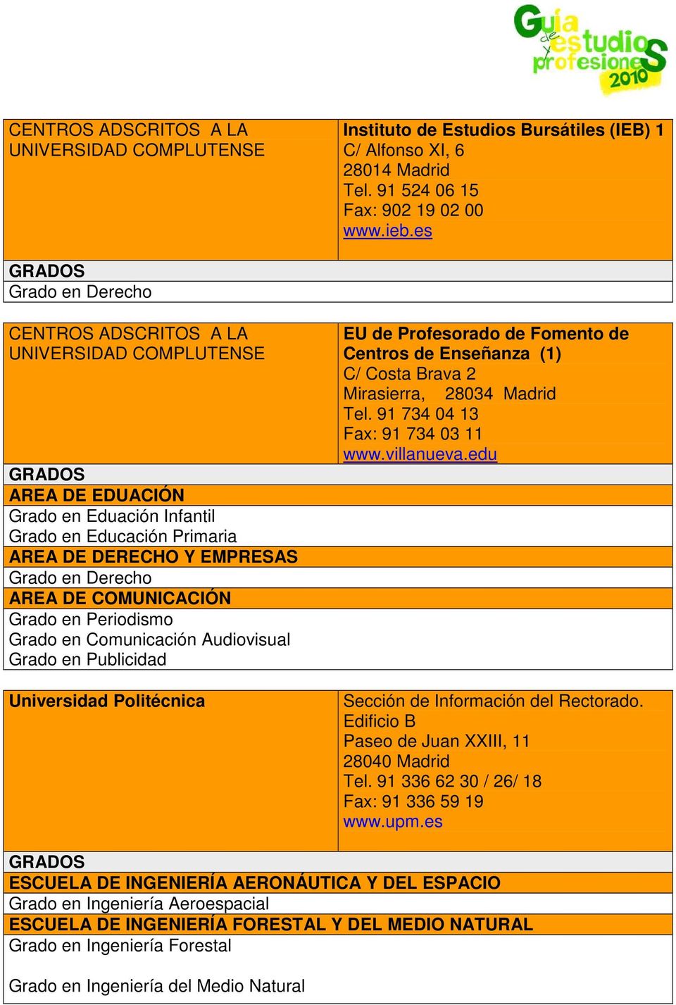 Periodismo Grado en Comunicación Audiovisual Grado en Publicidad Universidad Politécnica EU de Profesorado de Fomento de Centros de Enseñanza (1) C/ Costa Brava 2 Mirasierra, 28034 Madrid Tel.