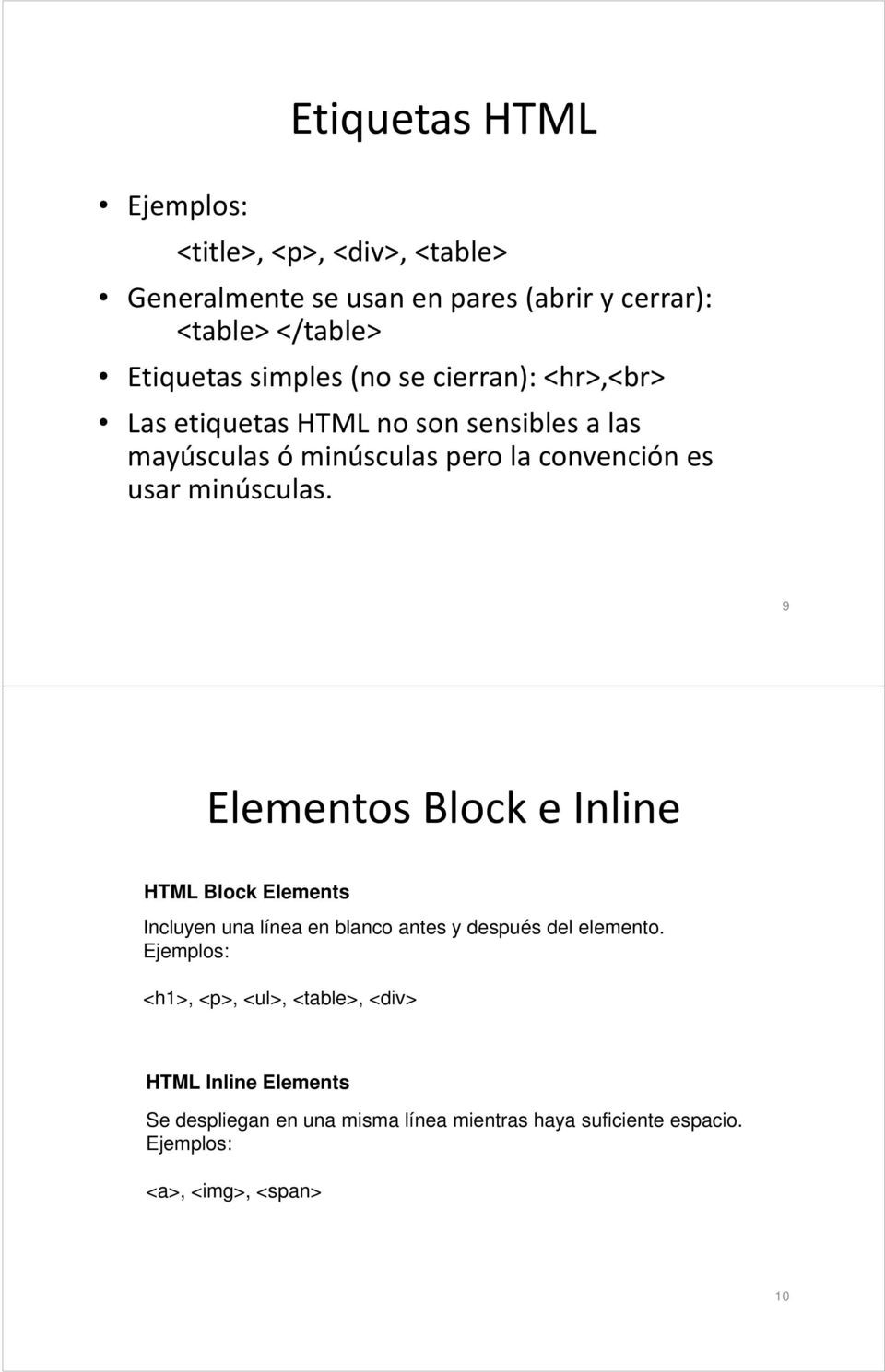 9 Elementos Block e Inline HTML Block Elements Incluyen una línea en blanco antes y después del elemento.