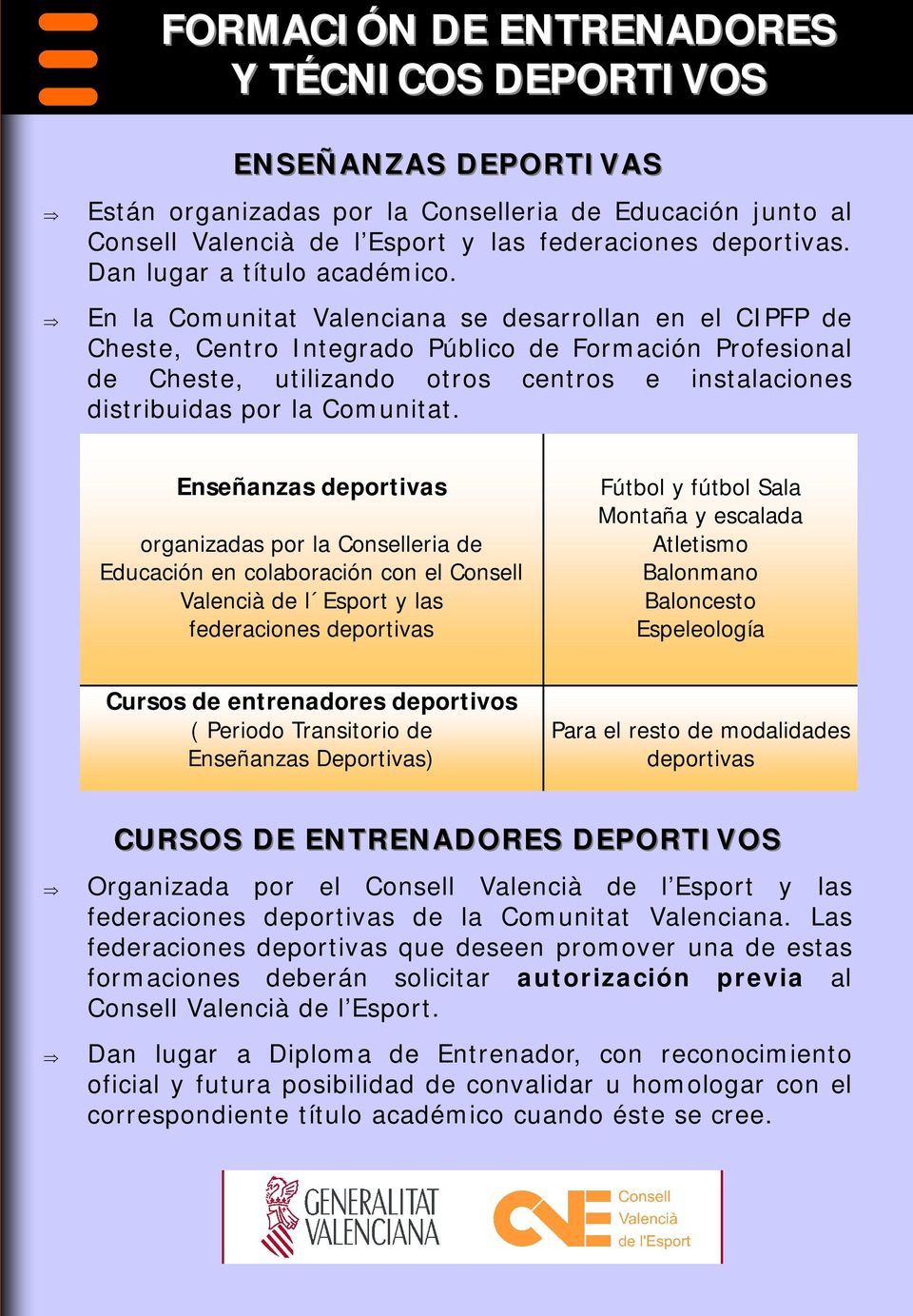 En la Comunitat Valenciana se desarrollan en el CIPFP de Cheste, Centro Integrado Público de Formación Profesional de Cheste, utilizando otros centros e instalaciones distribuidas por la Comunitat.