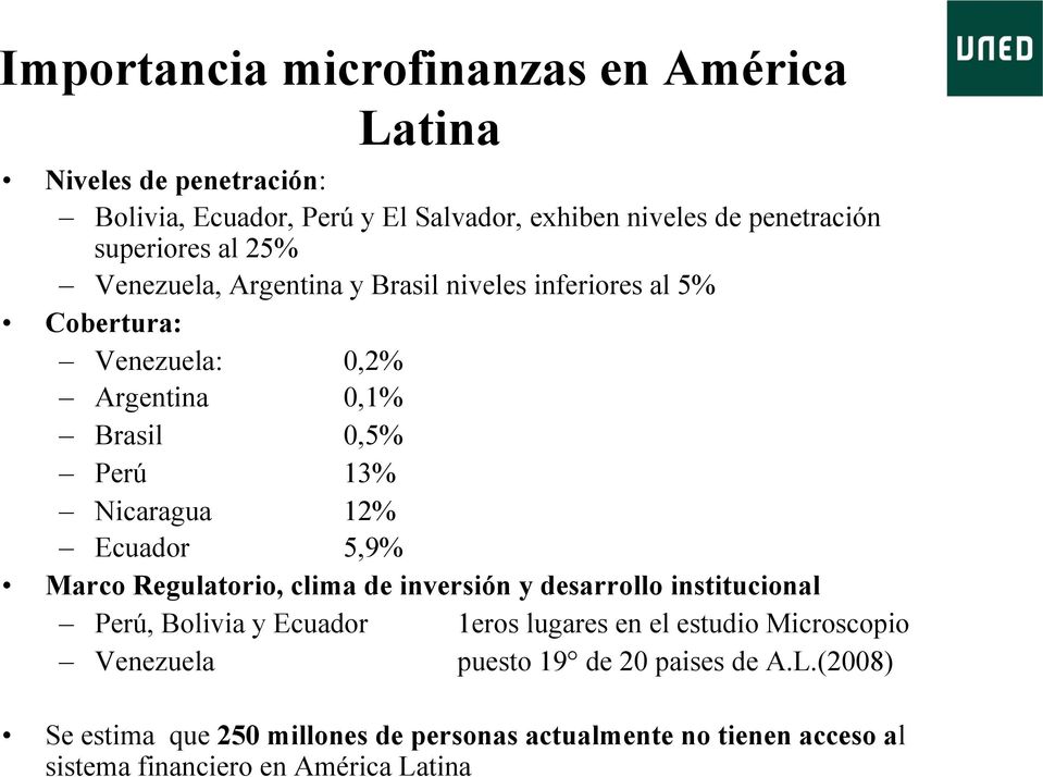 12% Ecuador 5,9% Marco Regulatorio, clima de inversión y desarrollo institucional Perú, Bolivia y Ecuador 1eros lugares en el estudio Microscopio