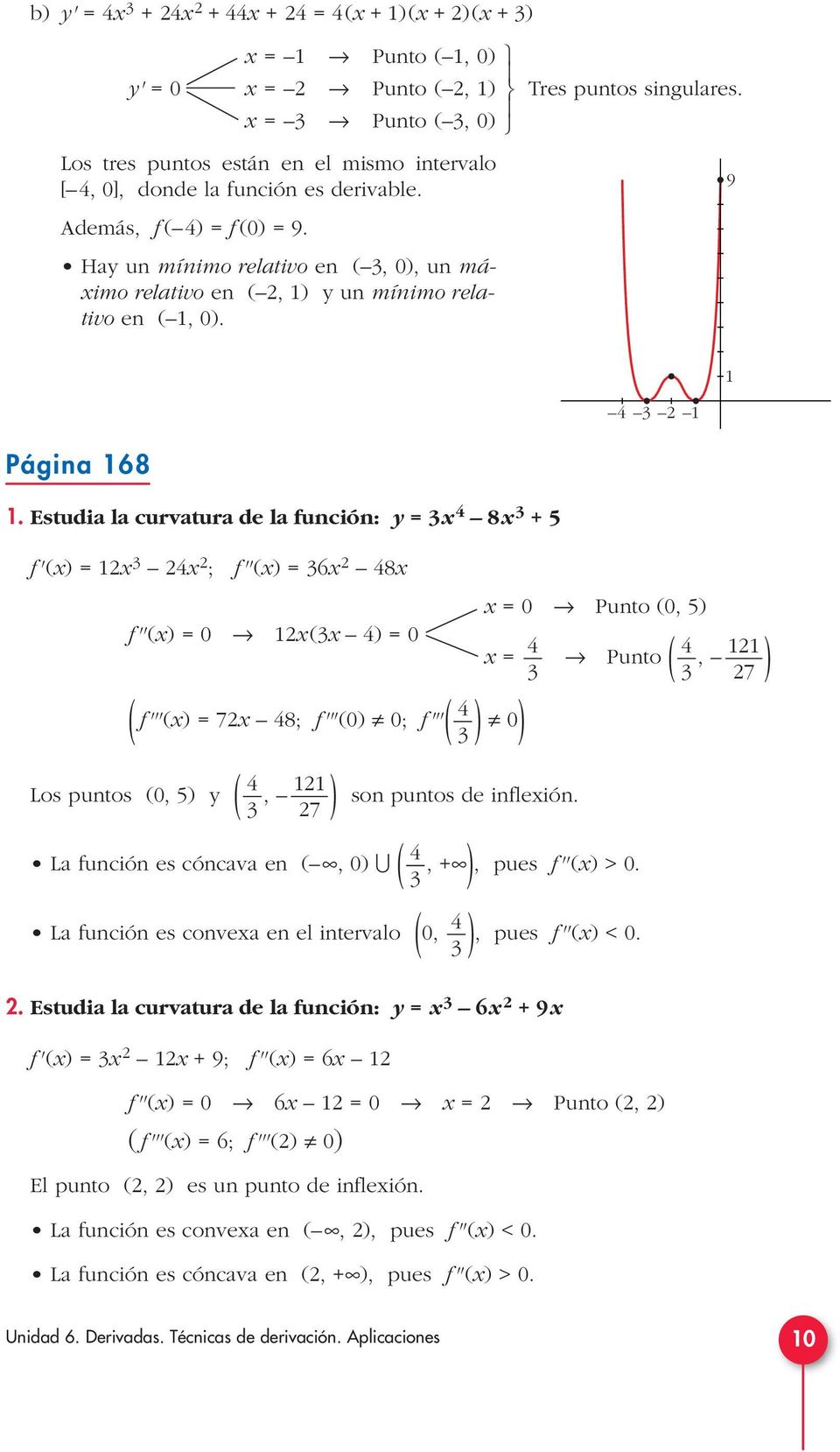 Estudia la curvatura de la función: y 8 + 5 f'() ; f''() 6 8 0 Punto (0, 5) f''() 0 ( ) 0 Punto (, 7 ) ( f'''() 7 8; f'''(0) 0; f'''( ) 0) Los puntos (0, 5) y (, ) son puntos de infleión.