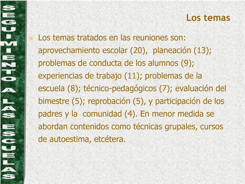 técnico-pedagógicos (7); evaluación del bimestre (5); reprobación (5), y participación de los padres y