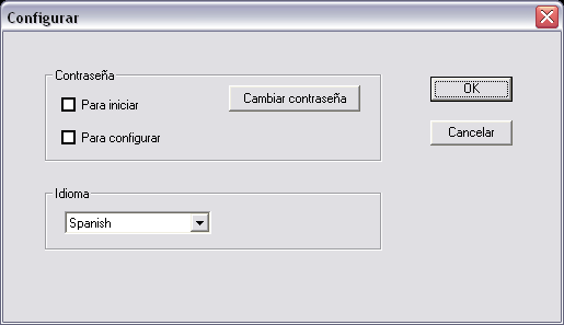 Aparecerá la siguiente ventana de configuración: Contraseña: Para iniciar: si se activa esta casilla el software pedirá la contraseña de acceso cada vez que se inicie el software.