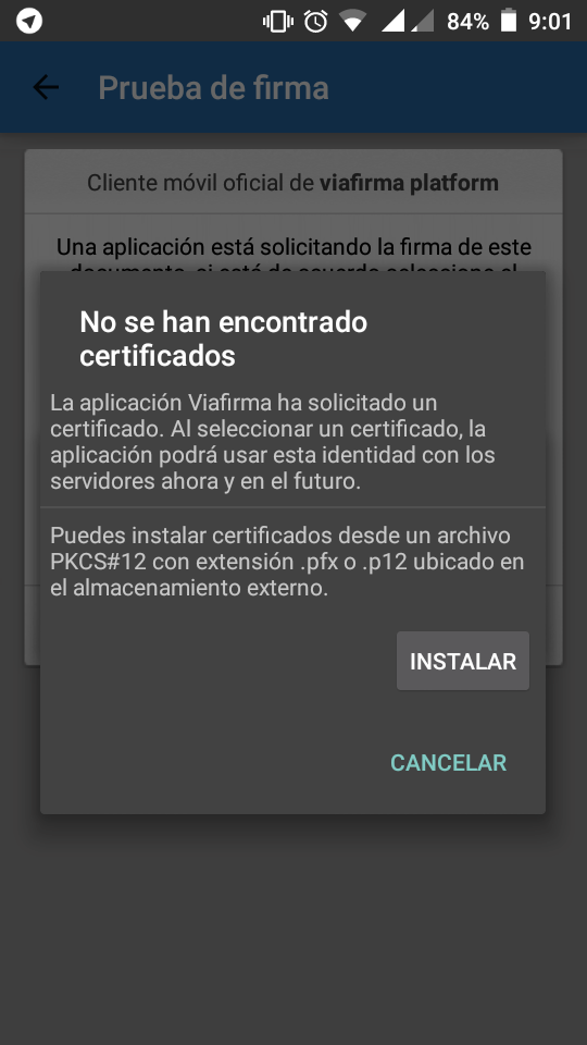 Página 7 de 25 Las nuevas versiones de la aplicación de Viafirma (Sólo Android), permite instalar el certificado en el almacén de certificados para no tener que insertar siempre la contraseña