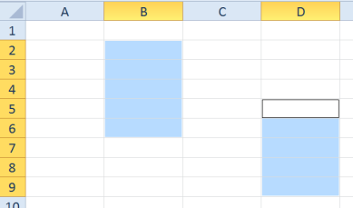 34. En la siguiente imagen se observa un grupo de celdas seleccionadas. Esta lista de celdas se describe de la siguiente manera: a. B2;B6;D5;D9 b. B2:B6:D5:D9 c. (B2:B6);(D5:D9) d. (B2;B6):(D5;D9) 35.
