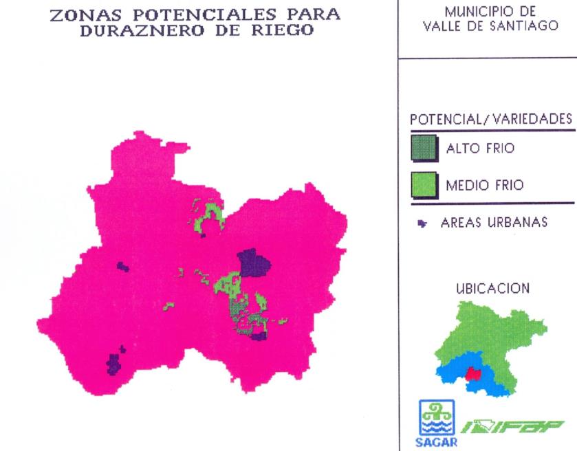 Figura 99. Zonas Potenciales para cultivar Nopal Tunero en el municipio de Valle de Santiago, Gto. Fuente: García et al. (1996c). Op. cit., p. 49 Figura 100.