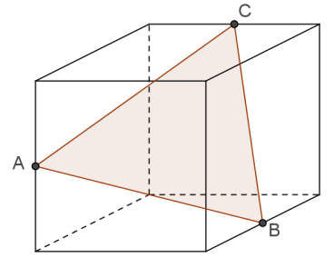 3. Los vértices del triángulo ABC de la figura son puntos medios de aristas del cubo de 8cm³ de volumen. Halla el perímetro de ABC.