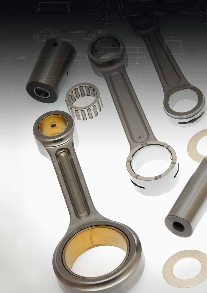 BIELAS FOUR STROKES AND ATV CONNECTING RODS Special plated connecting rods in steel Cr Ni Mo, internal lubricatión. Special crank pins. Reinforced silver plated piston bearings.