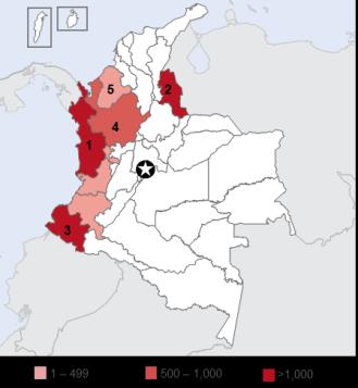 Colombia Boletín Humanitario 13 Mapa 1: Número de ataques a objetivos ilícitos de guerra Mapa 2: Número de acciones bélicas Mapa 3: Número de ataques a la población civil Mapa 4: Número de amenazas