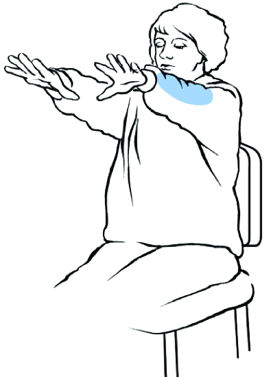 Estiramiento de brazo/mano (manos y muñecas) Siéntese o párese erguido. Estire los brazos hacia adelante a la altura de los hombros.
