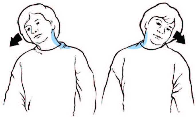 Estiramiento del cuello (cuello) Siéntese o párese erguido. Mire hacia el frente. Lentamente, baje la oreja derecha hacia el hombro derecho.