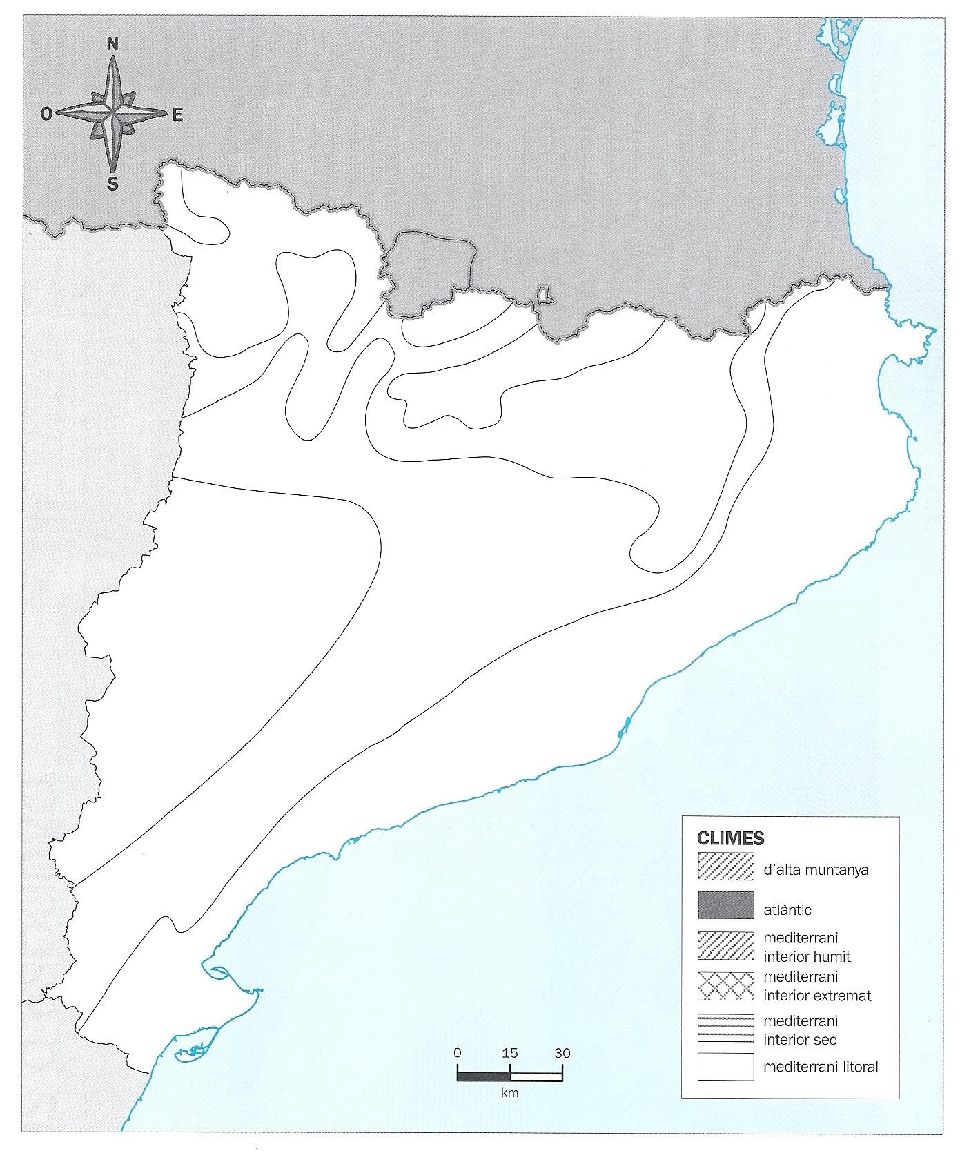 5. Pinta, en aquest mapa de climes de Catalunya, cada zona amb un color diferent: Clima mediterrani litoral Clima mediterrani interior: humit Clima mediterrani