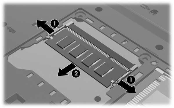8. Para remover el módulo de memoria: a. Extraiga los clips de retención 1 a cada lado del módulo de memoria. El módulo de memoria se inclina hacia arriba. b.