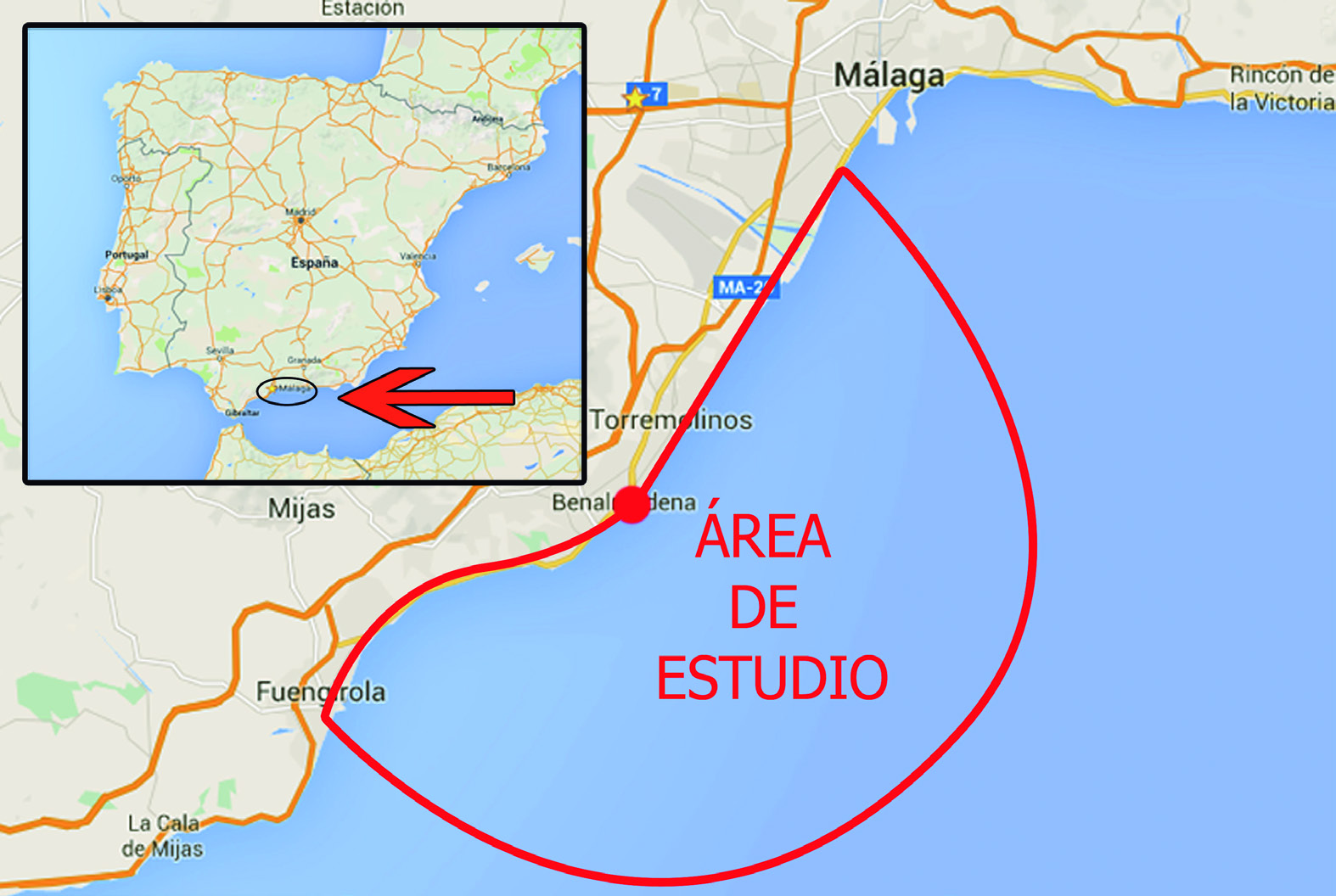 El total del área cubierta es de unos 300 Km, teniendo como punto de referencia Puerto Marina (Benalmádena), que es el centro de nuestra zona a estudiar (ver Imagen 1).
