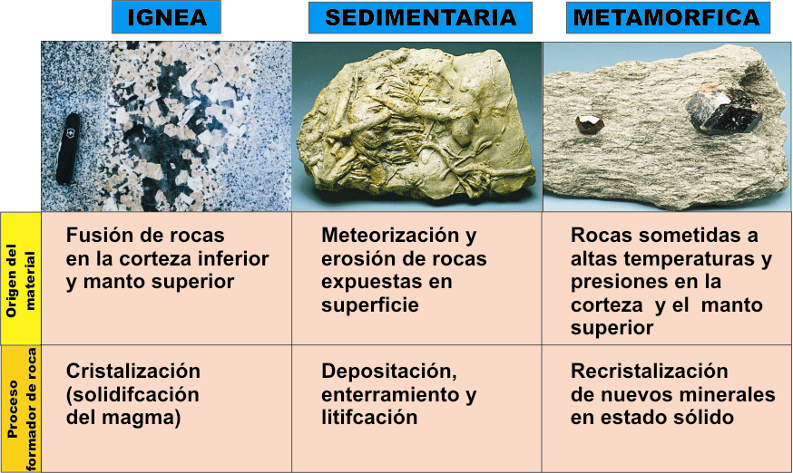 Figura 14. Los minerales y las texturas de los tres grupos principales de rocas se forman en diferentes lugares de la Tierra y por diferentes procesos geológicos.