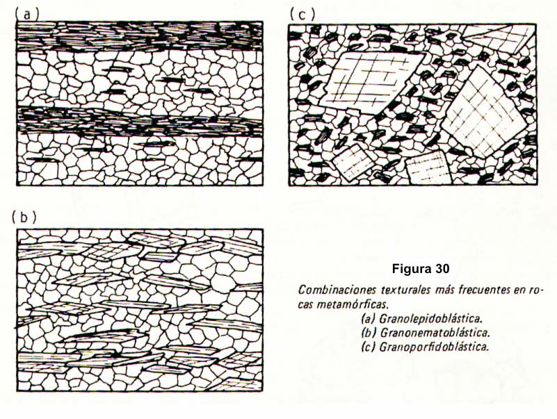 Combinaciones más comunes de texturas cristaloblásticas Por lo general, en la mayor parte de las rocas poliminerálicas (excepto granulitas, eclogitas y corneanas) existen minerales planares,