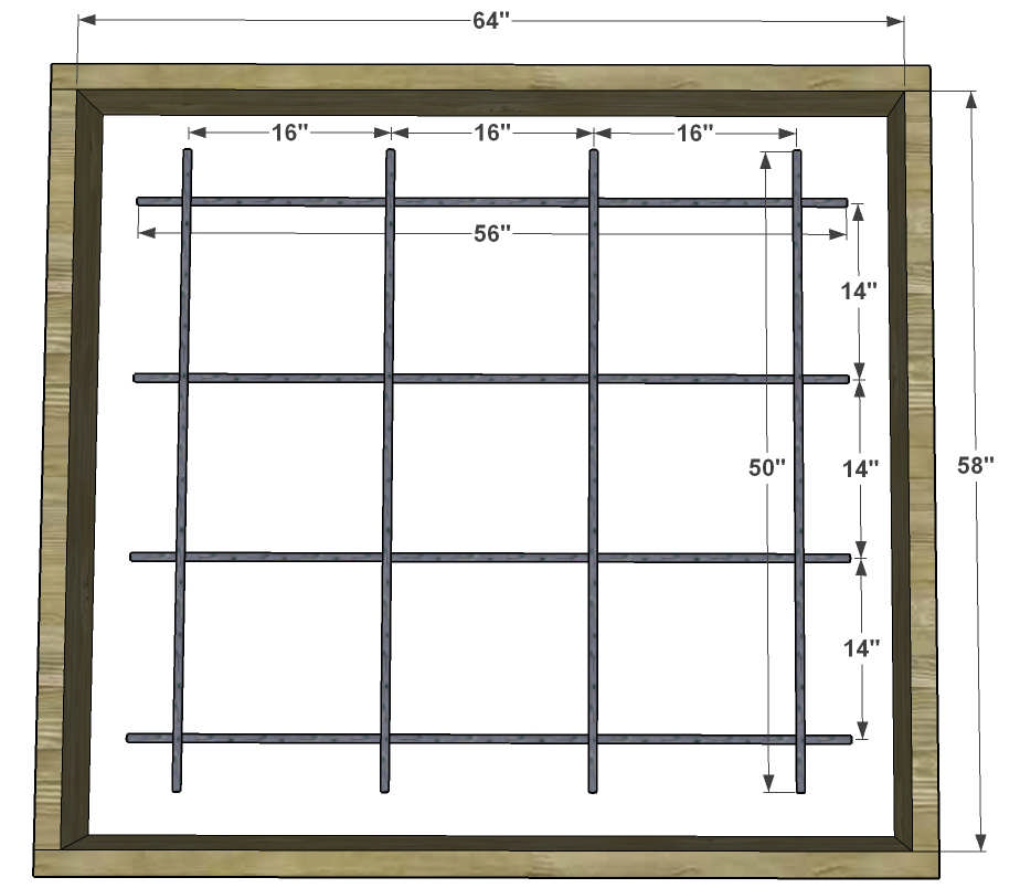 6 Fireplace Concrete Pad Detail-Drawing A - ½ steel reinforcing rod / Barra de refuerzo de acero B - 8 concrete slab / Bloque de cemento de 8 C - 2 x 8 Forms / 2 x 8 Formas D - Grade: 2 3/8 below