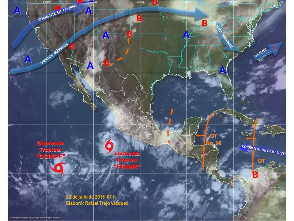 La imagen de satélite, interpretada por el Servicio Meteorológico Nacional muestra los sistemas presentes en la República Mexicana (Fig. 1).