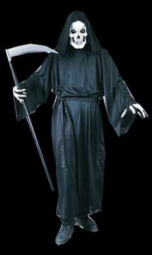 FICHA Nro. 13 Traje para hombre CODIGO: 53101902 Vestuario de Muerte, que consta de Manton con capucha y guantes negros, mascara y una Hoz grande. talla M.