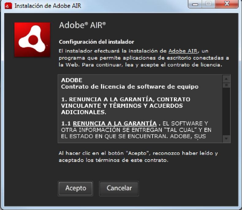 Primer paso: Instalación del programa Adobe Air. Haga clic en el link -(ver Imagen1.