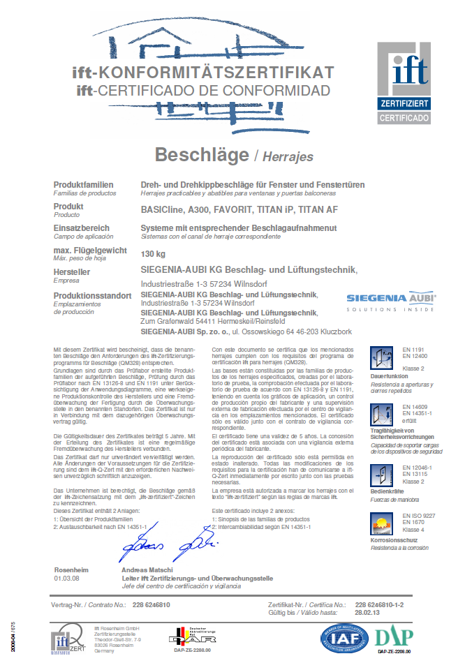 Calidad excelente y certificada Institutos de ensayos y pruebas neutrales certifican la excelente calidad de los productos SIEGENIA-AUBI.