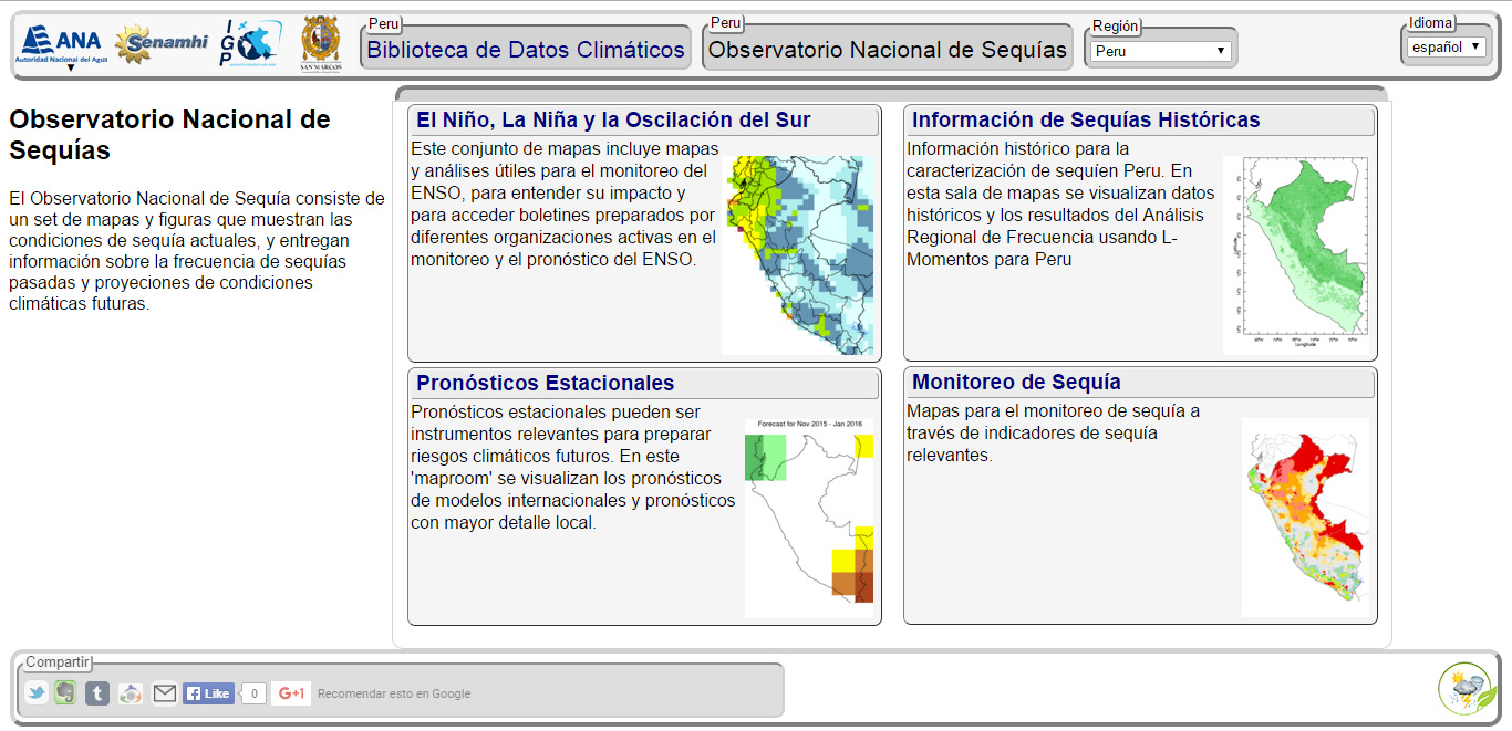 1. Introducción al Observatorio Al ingresar a http://ons.snirh.gob.pe/peru/maproom/?set Language=es se desplegará la página inicial del Observatorio de Sequía del Perú.