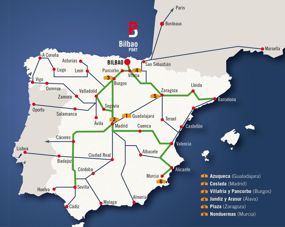 Más de70 servicios ferroviarios semanales desde el puerto a la Península Ibérica (Jundiz, Noaín, Zaragoza, Valladolid, Madrid,