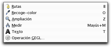 Herramientas de color (no accesibles directamente desde la Caja de herramientas que carga por defecto GIMP, pero que pueden incluirse más adelante) Otras herramientas Justo debajo de la zona de
