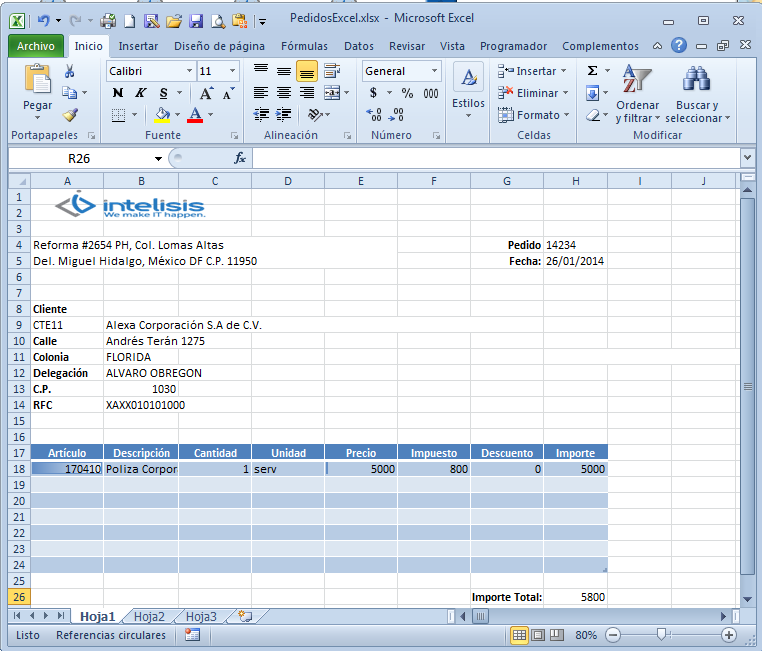 En Excel se abrirá un archivo con los datos del movimiento Pedido de nidos en la plantilla.