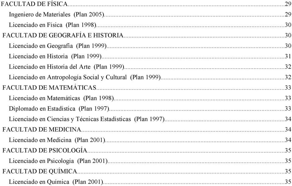..33 Licenciado en Matemáticas (Plan 1998)...33 Diplomado en Estadística (Plan 1997)...33 Licenciado en Ciencias y Técnicas Estadísticas (Plan 1997)...34 FACULTAD DE MEDICINA.