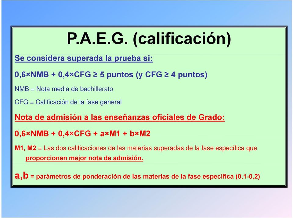 bachillerato CFG = Calificación de la fase general Nota de admisión a las enseñanzas oficiales de Grado: 0,6 NMB +