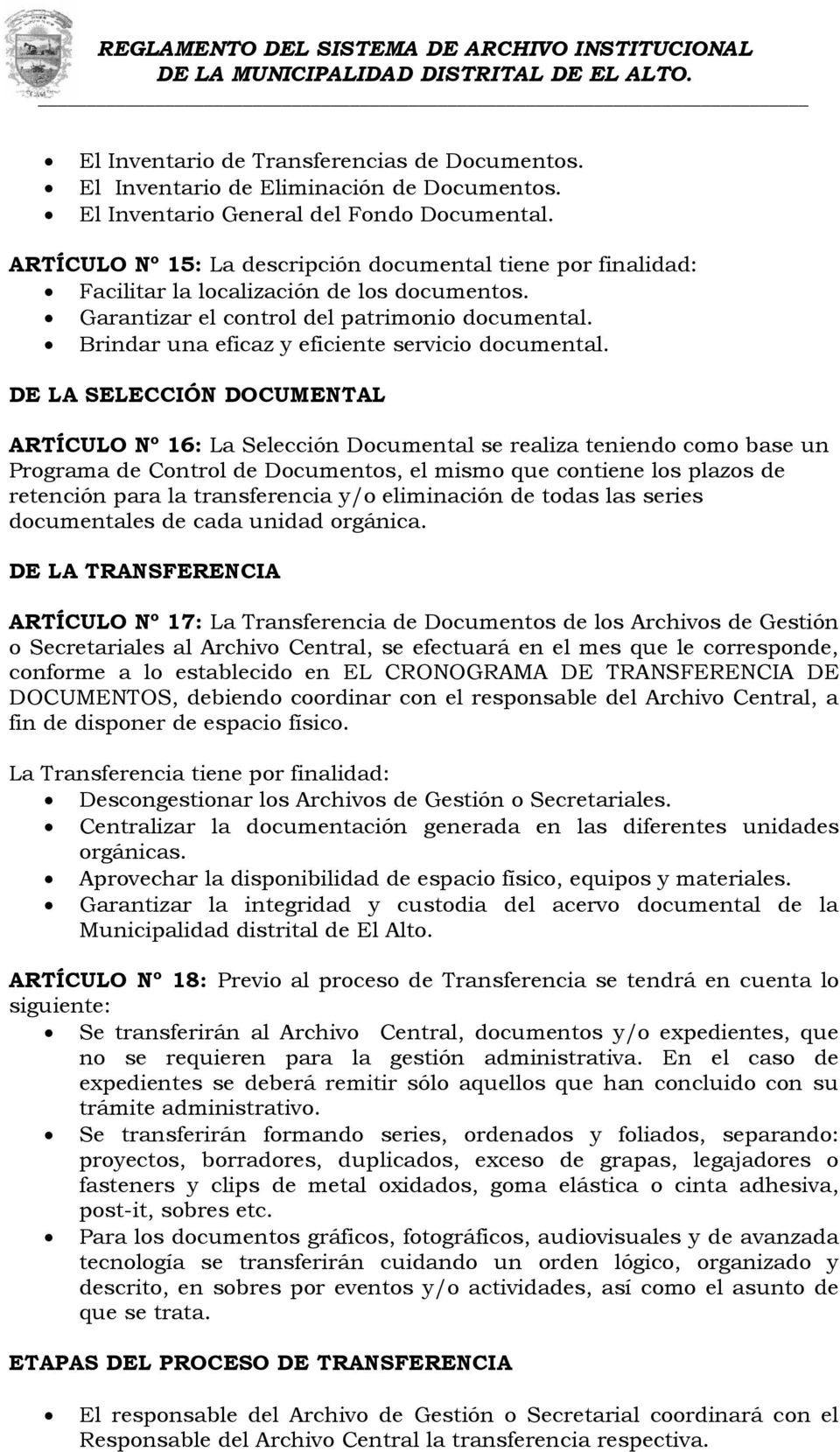 REGLAMENTO DEL SISTEMA DE ARCHIVO INSTITUCIONAL DE LA MUNICIPALIDAD  DISTRITAL DE EL ALTO. - PDF Descargar libre