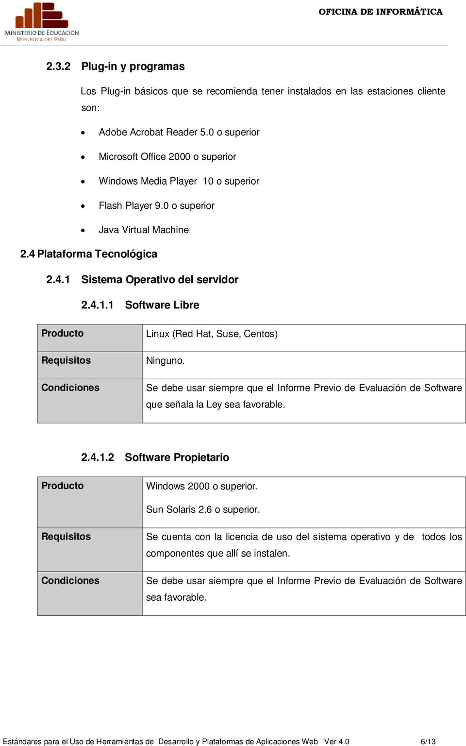 Se debe usar siempre que el Informe Previo de Evaluación de Software que señala la Ley sea favorable. 2.4.1.2 Software Propietario Windows 2000 o superior. Sun Solaris 2.6 o superior.