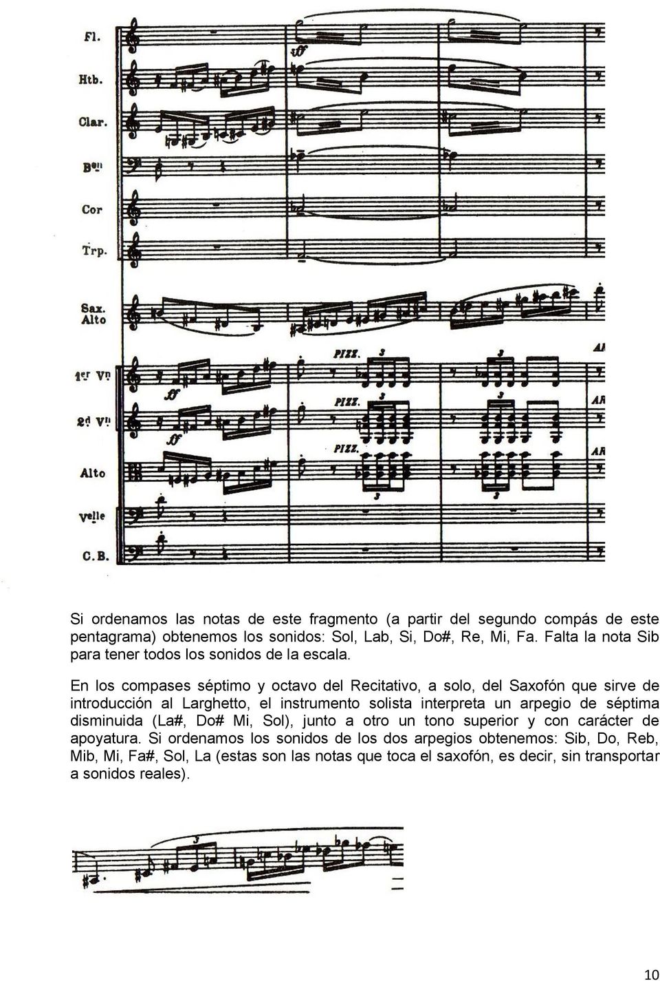 En los compases séptimo y octavo del Recitativo, a solo, del Saxofón que sirve de introducción al Larghetto, el instrumento solista interpreta un arpegio de