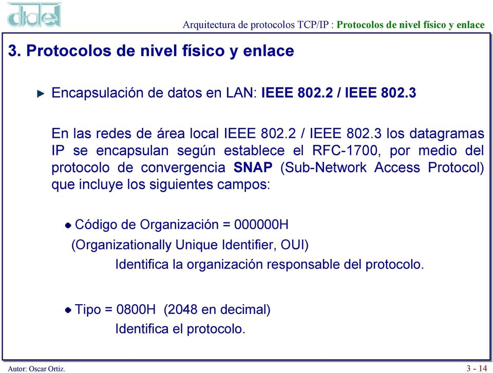 3 los datagramas IP se encapsulan según establece el RFC-700, por medio del protocolo de convergencia SNAP (Sub-Network