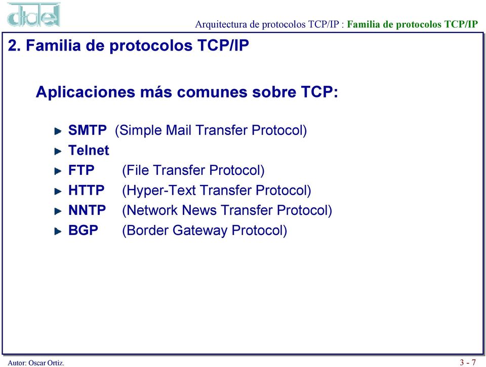 Protocol) Telnet FTP (File Transfer Protocol) HTTP (Hyper-Text Transfer Protocol)