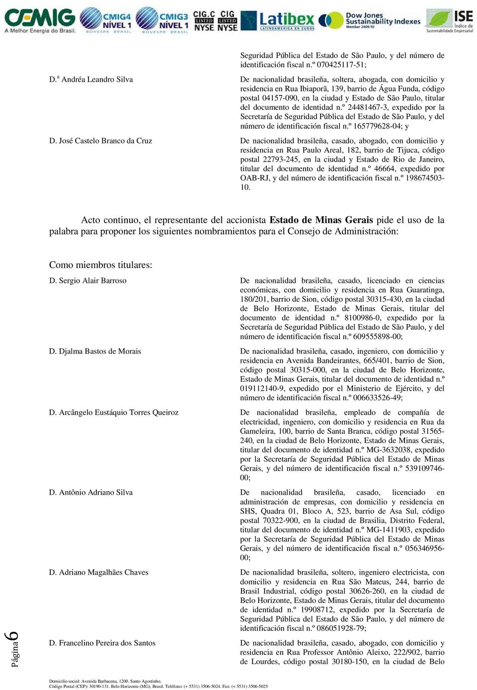 titular del documento de identidad n.º 24481467-3, expedido por la Secretaría de Seguridad Pública del Estado de São Paulo, y del número de identificación fiscal n.º 165779628-04; y D.