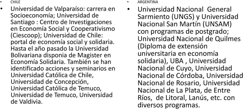 También se han identificado acciones y seminarios en Universidad Católica de Chile, Universidad de Concepción, Universidad Católica de Temuco, Universidad de Temuco, Universidad de Valdivia.